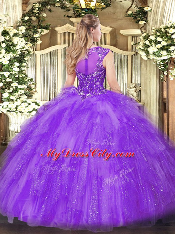 Cheap Scoop Sleeveless Tulle Quince Ball Gowns Beading and Ruffles Zipper