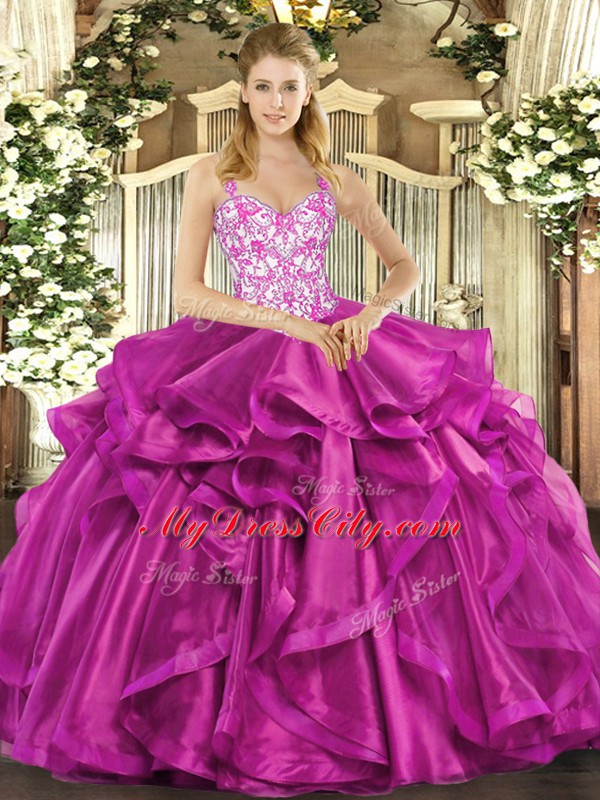Wonderful Fuchsia Sleeveless Floor Length Beading and Appliques and Ruffles Lace Up Quinceanera Gown
