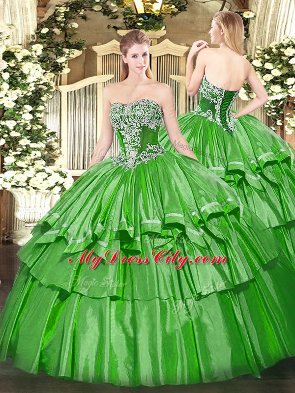 Organza and Taffeta Strapless Sleeveless Lace Up Beading and Ruffled Layers Sweet 16 Dress in Green