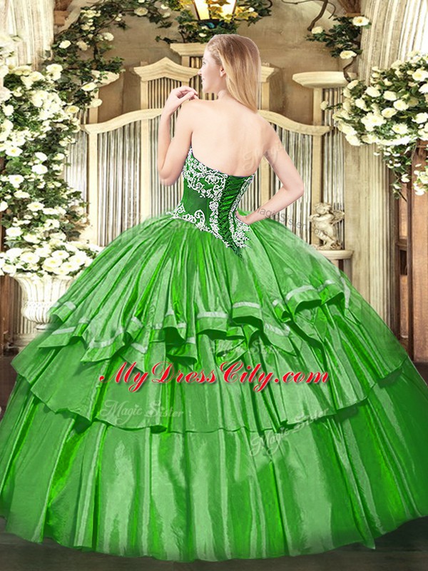 Organza and Taffeta Strapless Sleeveless Lace Up Beading and Ruffled Layers Sweet 16 Dress in Green