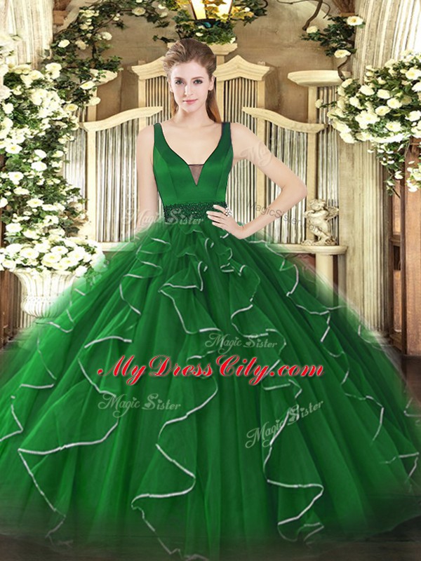 Glamorous Green Zipper Quinceanera Gowns Beading and Ruffles Sleeveless Floor Length