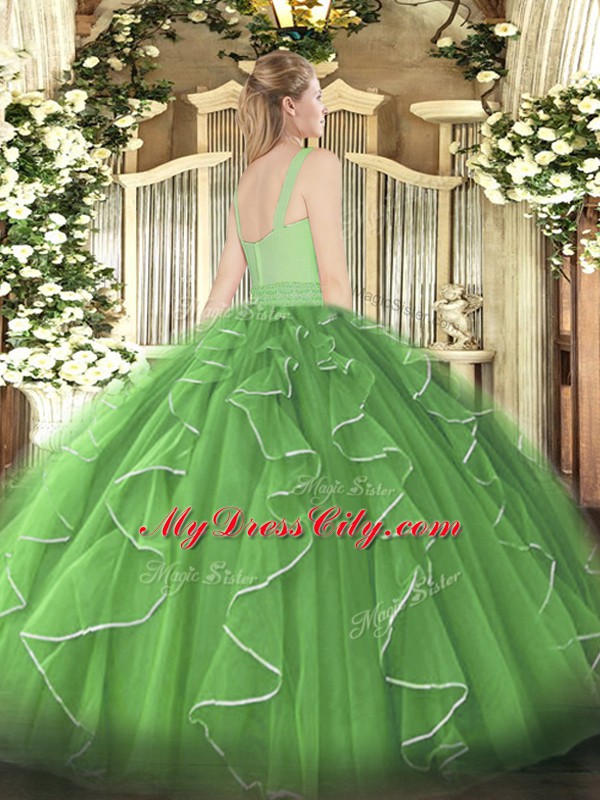 Glamorous Green Zipper Quinceanera Gowns Beading and Ruffles Sleeveless Floor Length