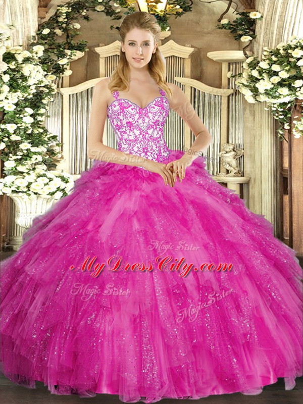 Fuchsia Tulle Lace Up Sweet 16 Quinceanera Dress Sleeveless Floor Length Appliques and Ruffles