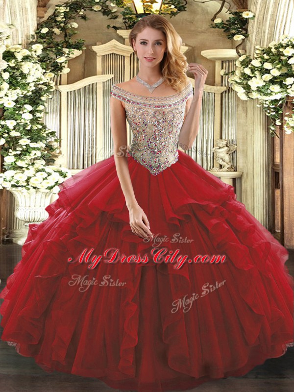Off The Shoulder Sleeveless Ball Gown Prom Dress Floor Length Beading and Ruffles Wine Red Tulle