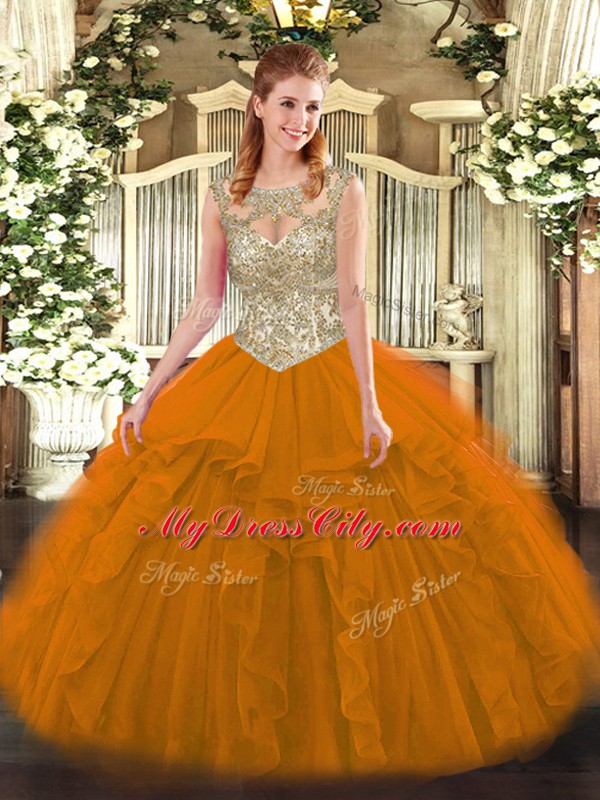 Orange Red Sleeveless Beading and Ruffles Floor Length Quince Ball Gowns