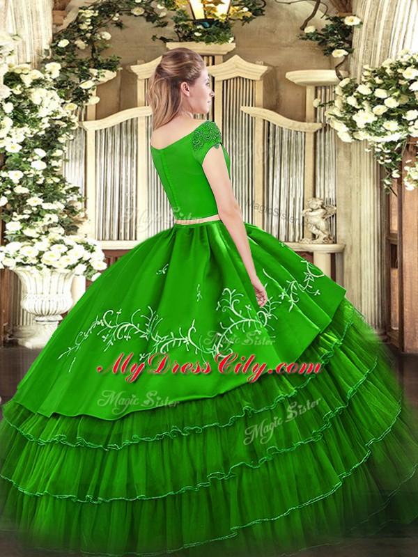 Luxurious Floor Length Zipper Sweet 16 Quinceanera Dress Green for Military Ball and Sweet 16 and Quinceanera with Embroidery and Ruffled Layers