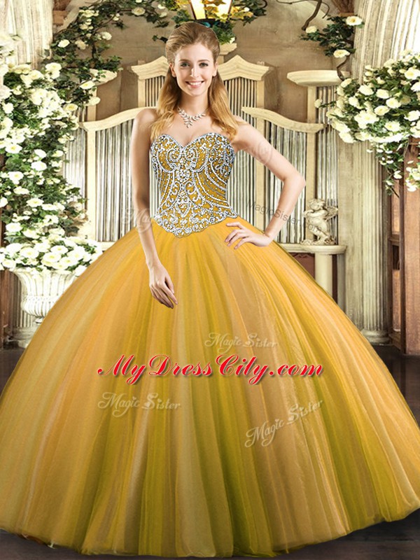 Attractive Gold Ball Gowns Beading Sweet 16 Dresses Lace Up Tulle Sleeveless Floor Length