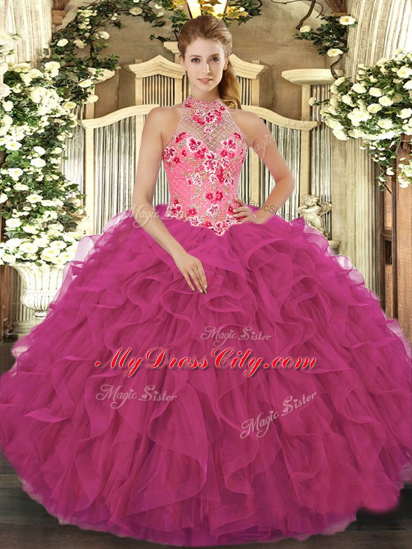 Extravagant Halter Top Sleeveless Organza Quinceanera Dress Beading and Embroidery and Ruffles Lace Up