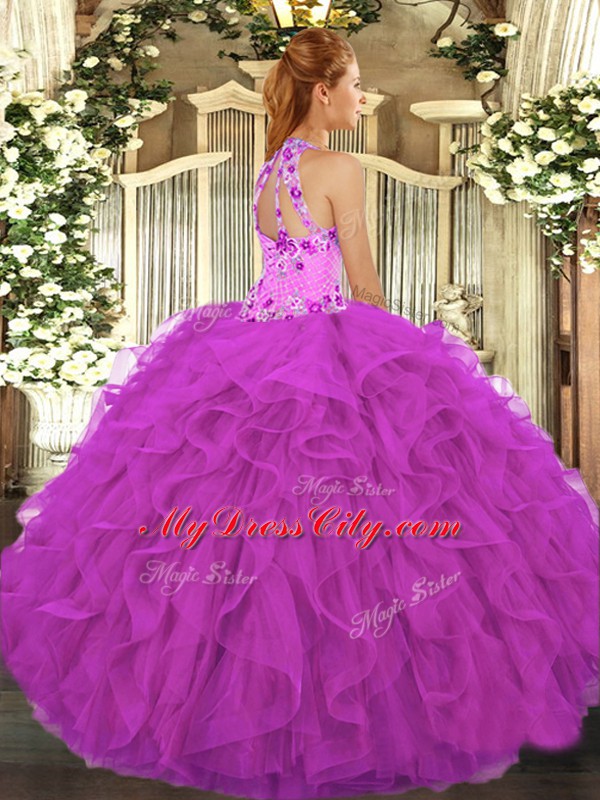 Extravagant Halter Top Sleeveless Organza Quinceanera Dress Beading and Embroidery and Ruffles Lace Up
