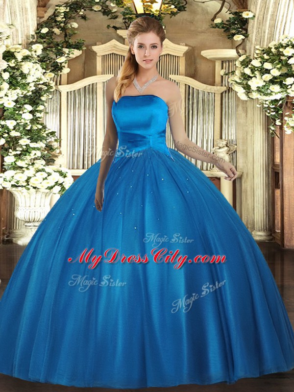 High Quality Floor Length Baby Blue 15th Birthday Dress Strapless Sleeveless Lace Up