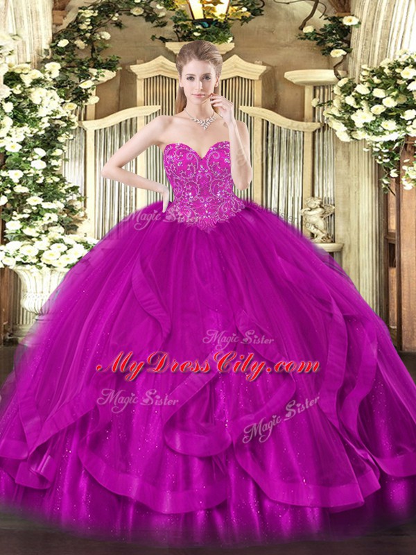 Fuchsia Tulle Lace Up 15 Quinceanera Dress Sleeveless Floor Length Beading and Ruffles