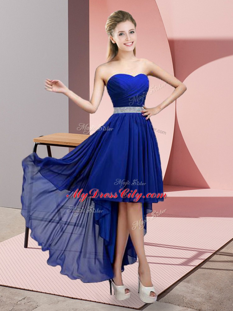 Blue Chiffon Lace Up Evening Dress Sleeveless High Low Beading