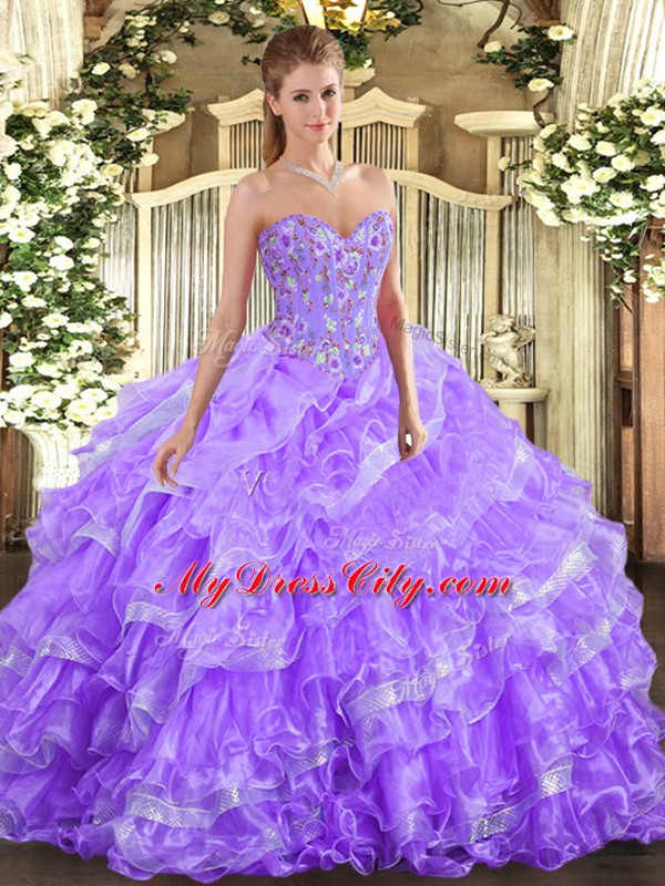 Graceful Lavender Ball Gowns Sweetheart Sleeveless Organza Floor Length Lace Up Embroidery and Ruffled Layers 15th Birthday Dress