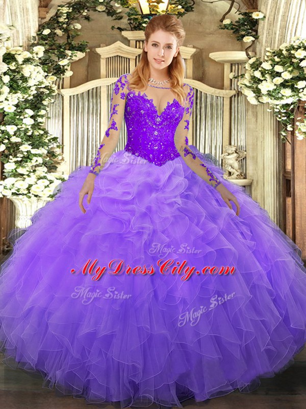 Lavender Scoop Lace Up Lace and Ruffles Quinceanera Dresses Long Sleeves