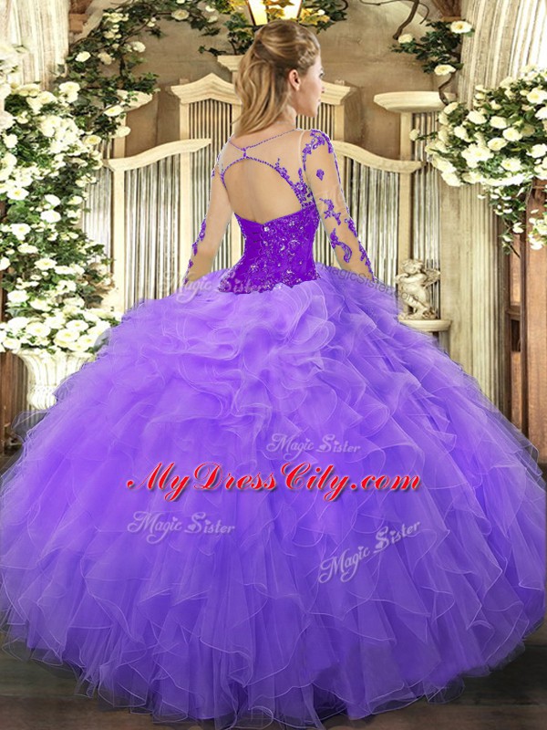 Lavender Scoop Lace Up Lace and Ruffles Quinceanera Dresses Long Sleeves
