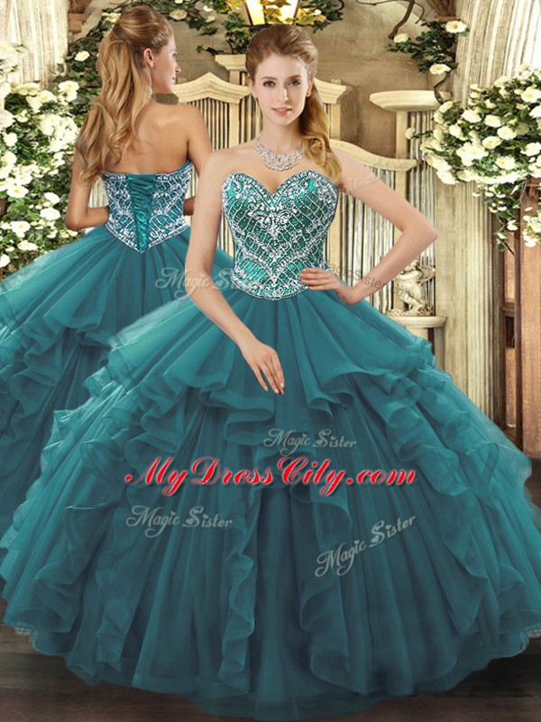 Glorious Turquoise Quince Ball Gowns Military Ball and Sweet 16 and Quinceanera with Beading and Ruffles Sweetheart Sleeveless Lace Up