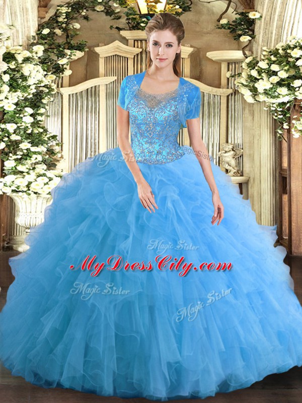 Super Tulle Scoop Sleeveless Clasp Handle Beading and Ruffled Layers Ball Gown Prom Dress in Aqua Blue