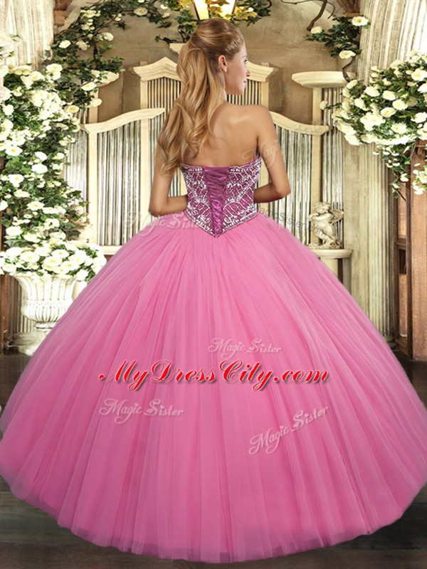 Rose Pink Sleeveless Tulle Lace Up Sweet 16 Dresses for Military Ball and Sweet 16 and Quinceanera