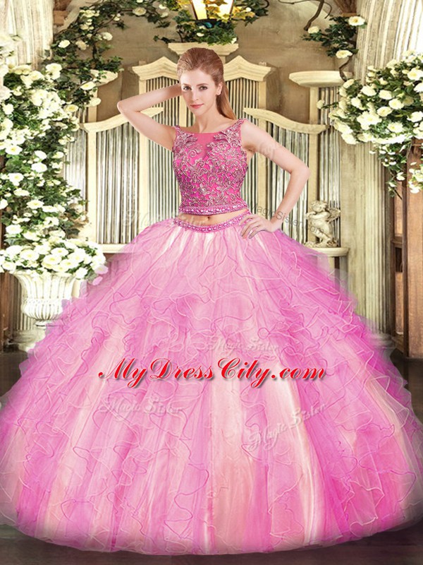 Rose Pink Lace Up Scoop Beading and Ruffles 15 Quinceanera Dress Tulle Sleeveless