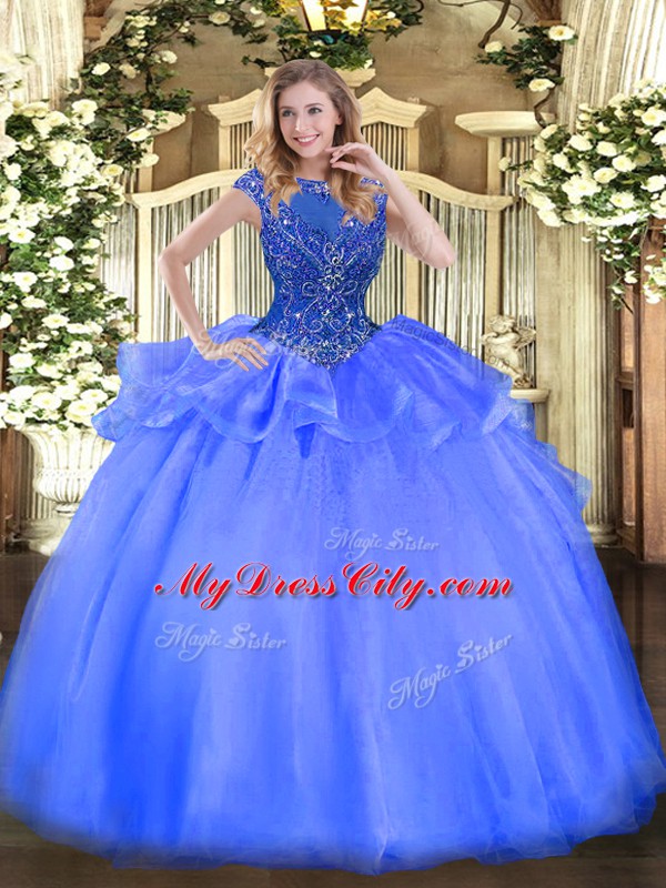 Admirable Beading 15th Birthday Dress Blue Zipper Cap Sleeves Floor Length
