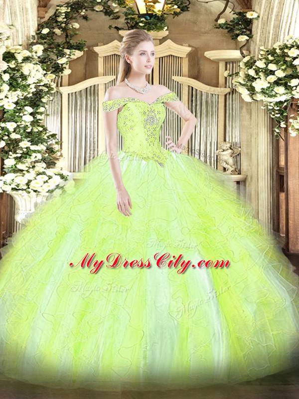 Attractive Yellow Green Sleeveless Tulle Lace Up Sweet 16 Quinceanera Dress for Military Ball and Sweet 16 and Quinceanera