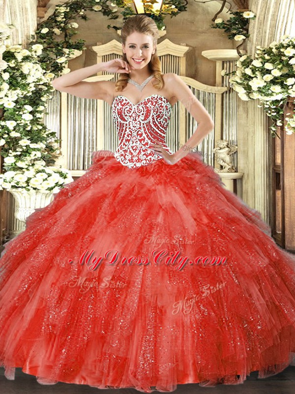 Coral Red Side Zipper Sweetheart Beading and Ruffles Sweet 16 Dresses Tulle Sleeveless
