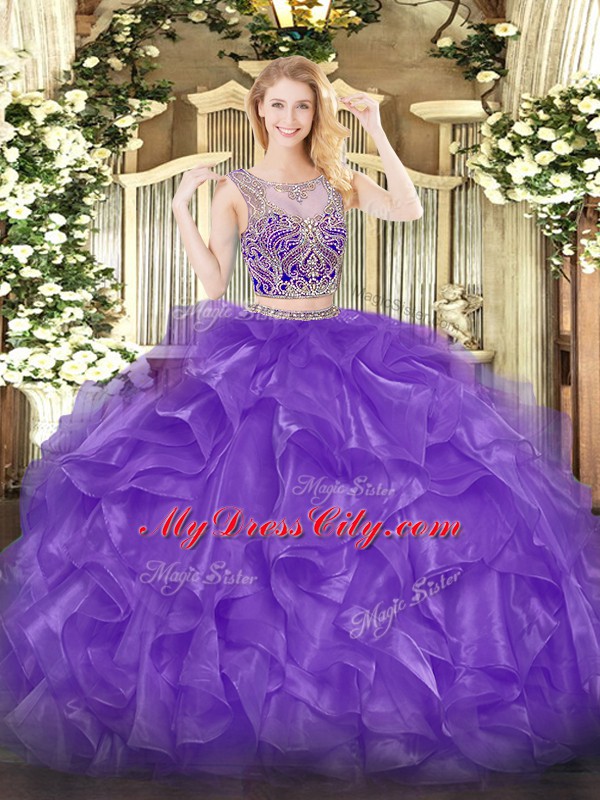 Eye-catching Organza Scoop Sleeveless Lace Up Beading and Ruffles Quince Ball Gowns in Eggplant Purple