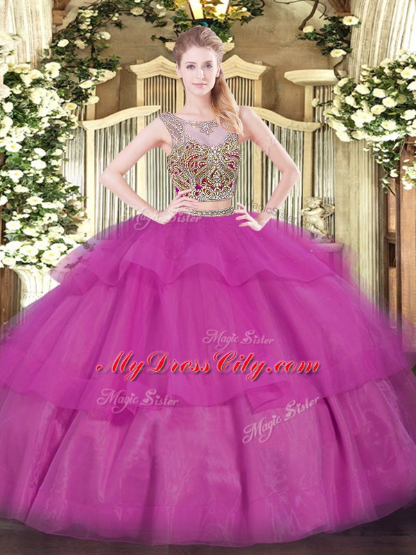 Chic Fuchsia Scoop Lace Up Beading and Ruffled Layers Sweet 16 Quinceanera Dress Sleeveless