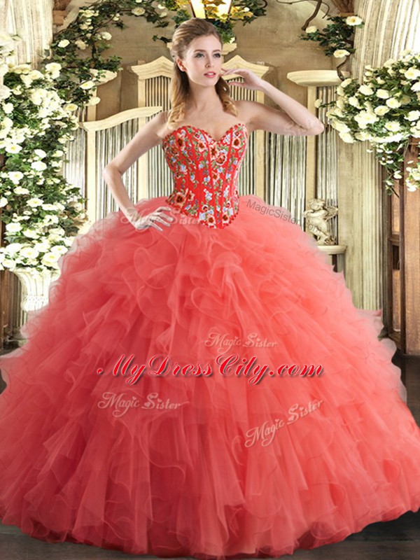Classical Sweetheart Sleeveless Tulle 15th Birthday Dress Embroidery and Ruffles Lace Up