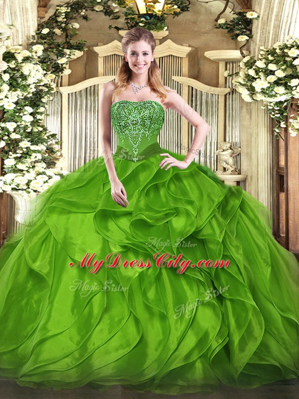 Lace Up Strapless Beading and Ruffles Sweet 16 Quinceanera Dress Organza Sleeveless
