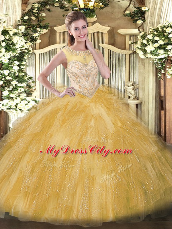 Organza Scoop Sleeveless Zipper Beading and Ruffles Ball Gown Prom Dress in Gold