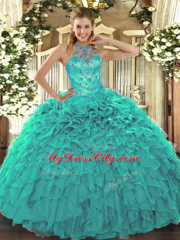 Dazzling Sleeveless Floor Length Beading and Embroidery and Ruffles Lace Up Quince Ball Gowns with Turquoise