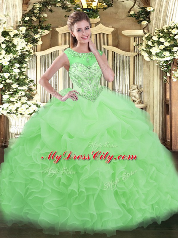 Fantastic Sleeveless Beading and Ruffles Lace Up Sweet 16 Dress with Apple Green
