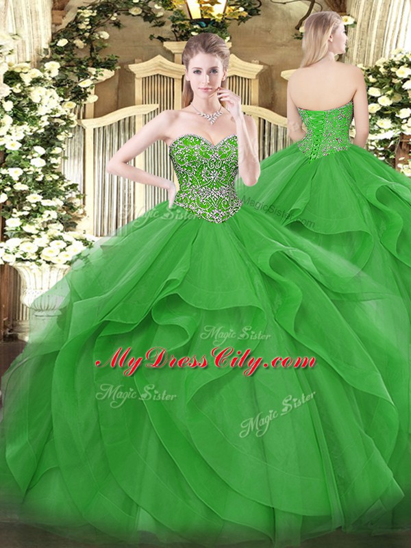 Affordable Sweetheart Sleeveless Tulle Vestidos de Quinceanera Beading and Ruffles Lace Up