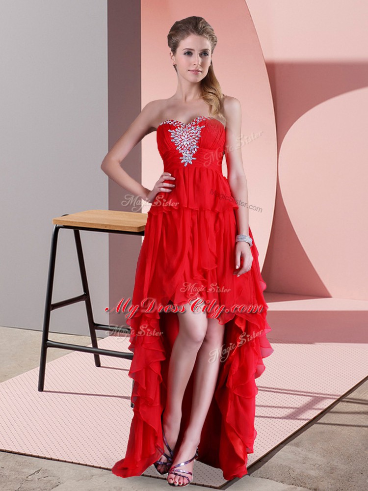 Free and Easy Red Lace Up Sweetheart Beading Homecoming Dress Chiffon Sleeveless Sweep Train