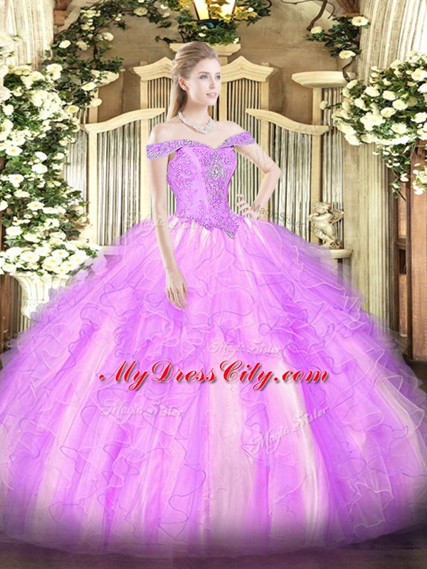 Gorgeous Off The Shoulder Sleeveless Lace Up Sweet 16 Quinceanera Dress Lilac Tulle
