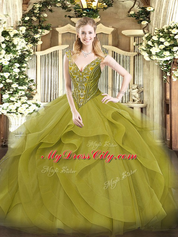Sleeveless Tulle Floor Length Lace Up Sweet 16 Dress in Olive Green with Beading and Ruffles