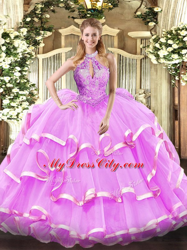 Popular Halter Top Sleeveless Organza Quinceanera Gowns Beading Lace Up