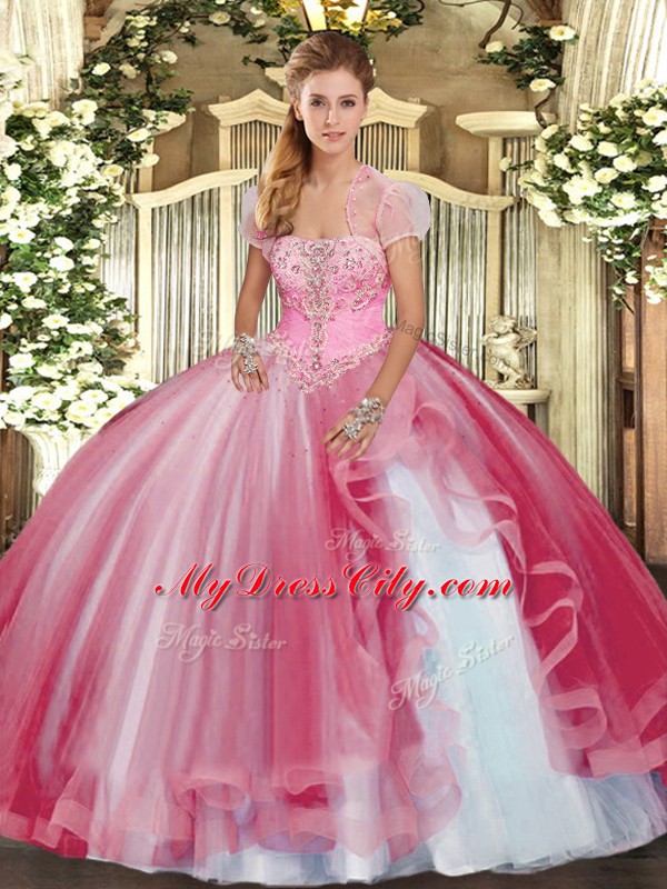 Sexy Sleeveless Floor Length Beading and Ruffles Lace Up Sweet 16 Quinceanera Dress with Pink