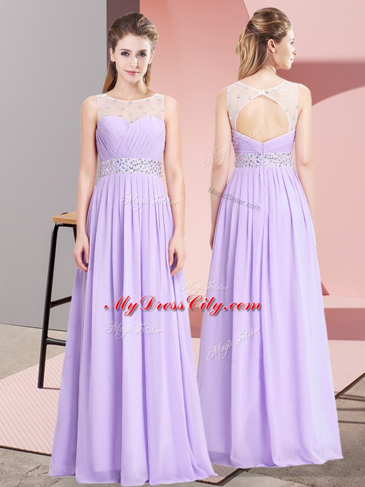 Lavender Empire Beading Prom Evening Gown Lace Up Chiffon Sleeveless Floor Length