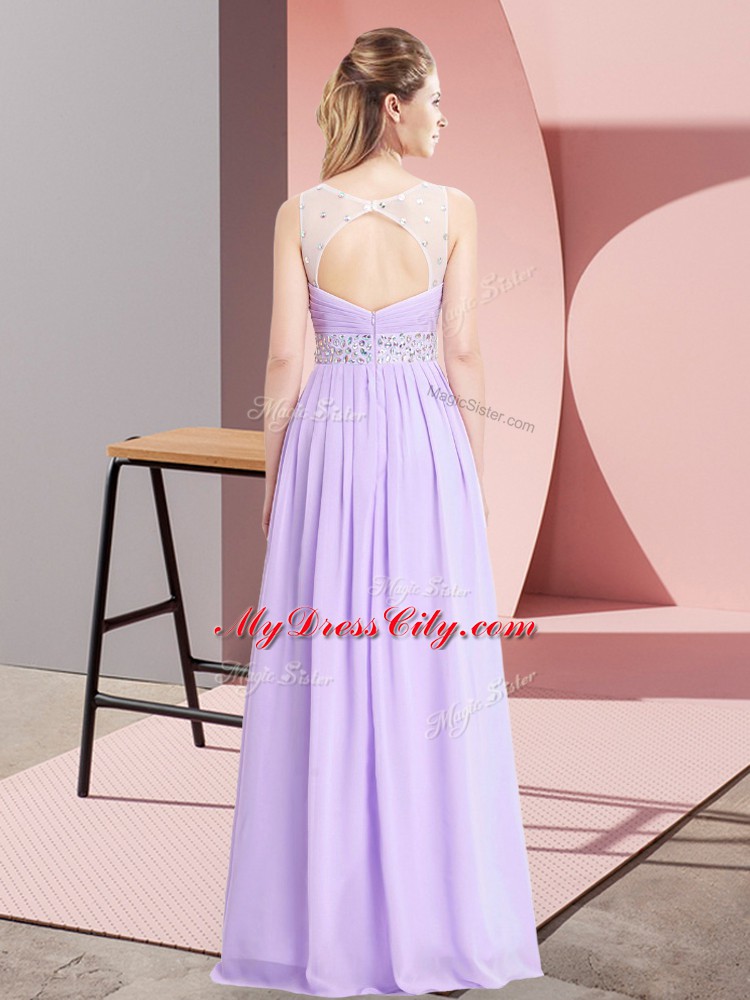 Lavender Empire Beading Prom Evening Gown Lace Up Chiffon Sleeveless Floor Length