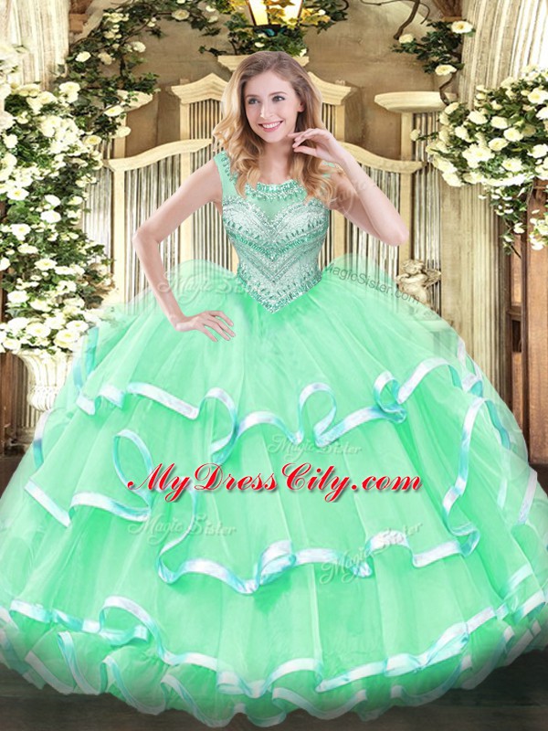 Admirable Floor Length Lace Up Quinceanera Gowns Apple Green for Sweet 16 and Quinceanera with Beading and Ruffles