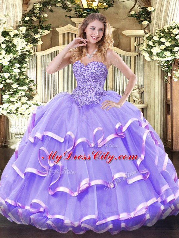 Sexy Floor Length Lace Up Sweet 16 Quinceanera Dress Lavender for Military Ball and Sweet 16 and Quinceanera with Appliques and Ruffled Layers