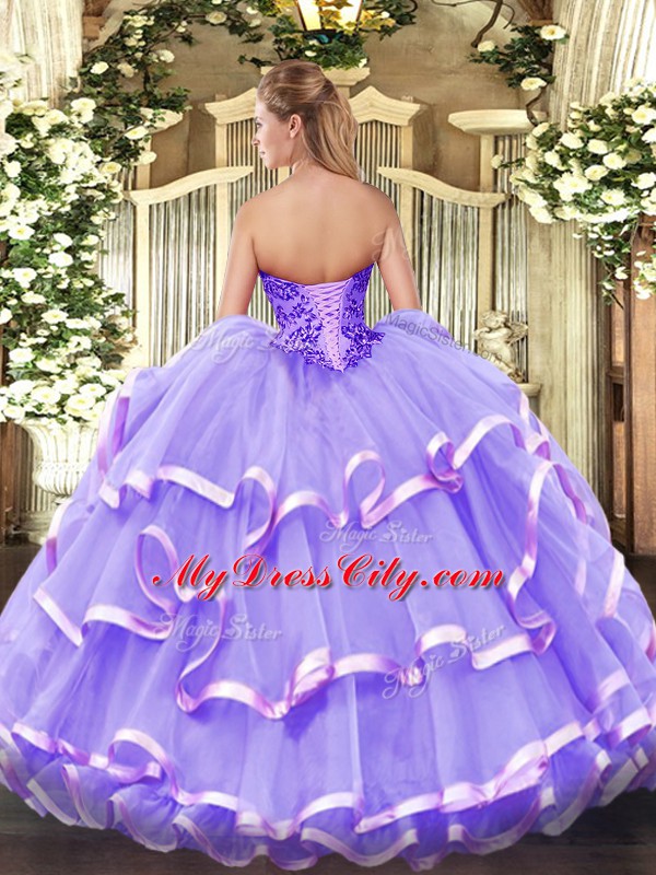 Sexy Floor Length Lace Up Sweet 16 Quinceanera Dress Lavender for Military Ball and Sweet 16 and Quinceanera with Appliques and Ruffled Layers