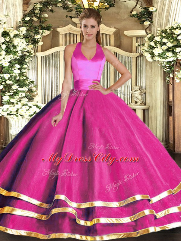 Spectacular Fuchsia Quinceanera Gown Military Ball and Sweet 16 and Quinceanera with Ruffled Layers Halter Top Sleeveless Lace Up