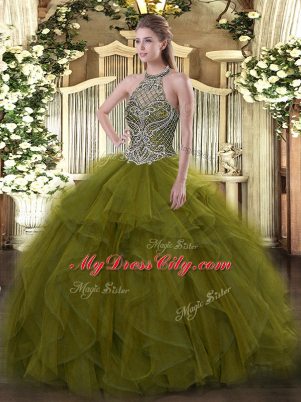 Olive Green Ball Gowns Organza Halter Top Sleeveless Beading Floor Length Lace Up Sweet 16 Quinceanera Dress