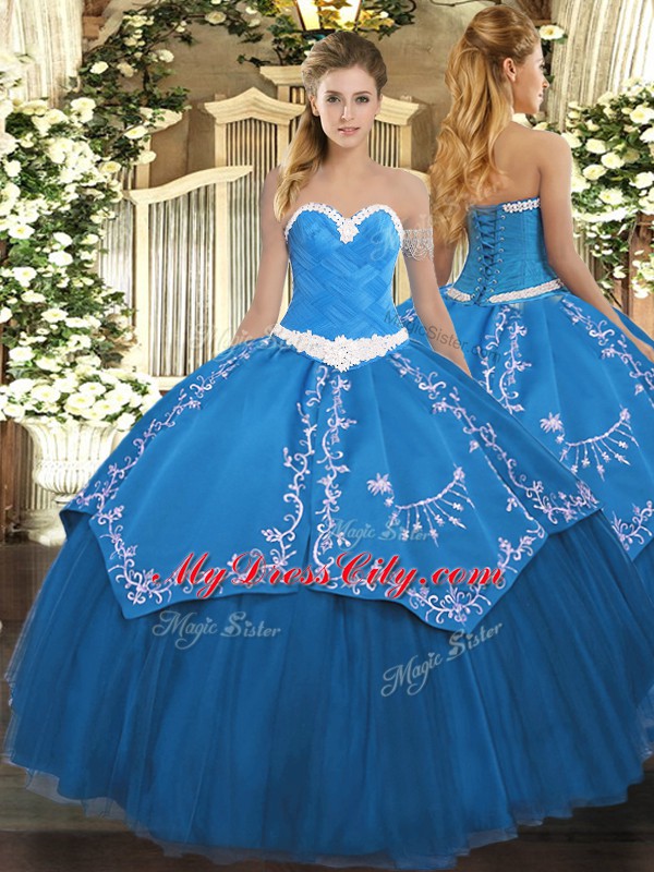 Trendy Blue Sleeveless Appliques and Embroidery Floor Length 15th Birthday Dress