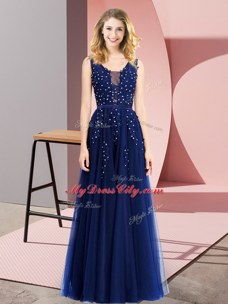 Royal Blue Backless Homecoming Dress Beading and Appliques Sleeveless Floor Length