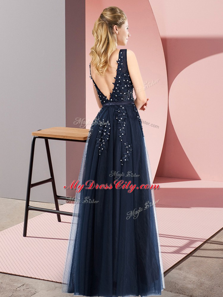 Royal Blue Backless Homecoming Dress Beading and Appliques Sleeveless Floor Length