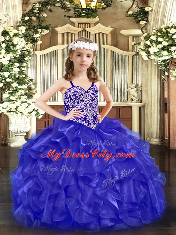 Lovely Blue Ball Gowns Straps Sleeveless Organza Floor Length Lace Up Beading and Ruffles Child Pageant Dress